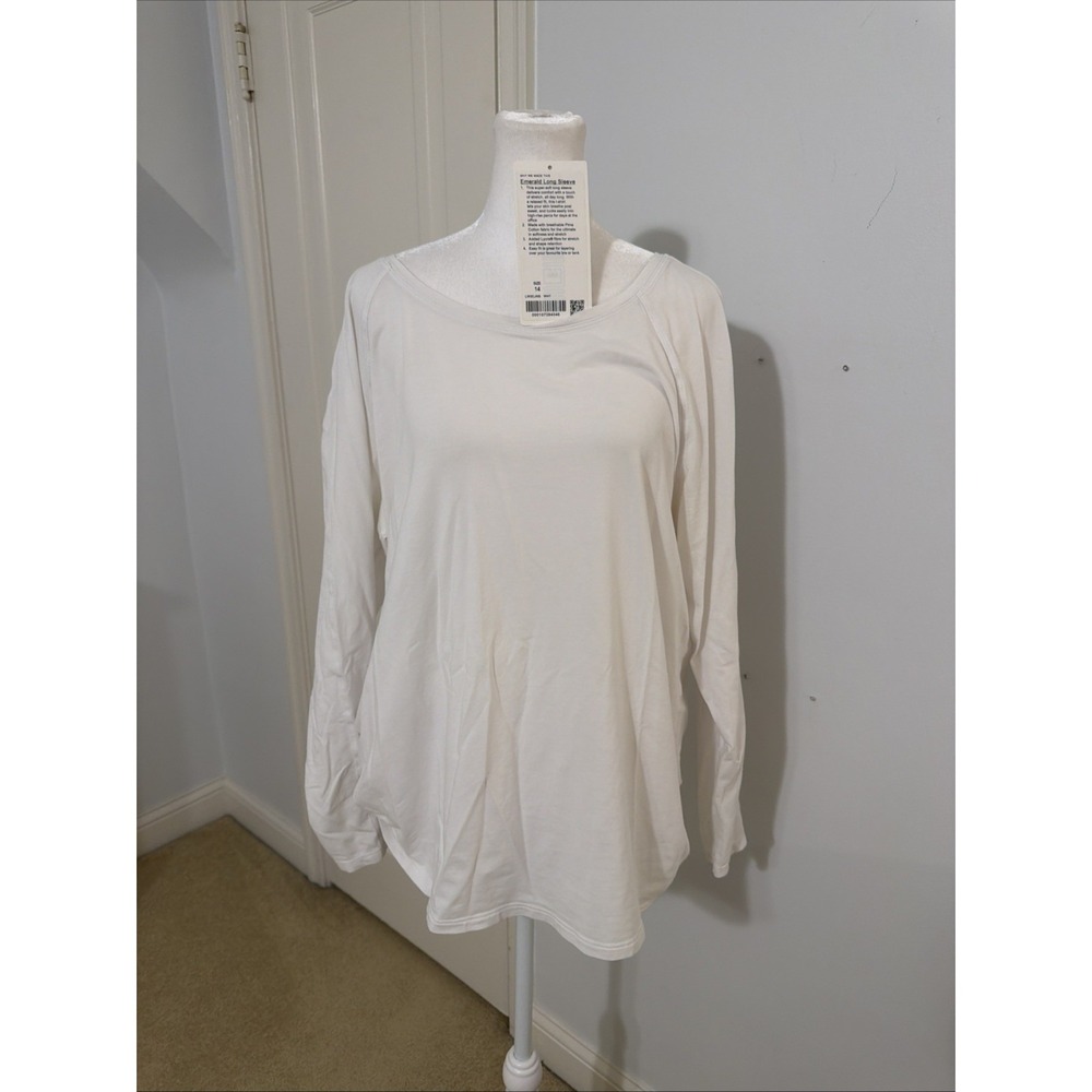🍋EUC Lululemon Emerald Long Sleeve Shirt Womens White Scoop Neck Pima W3CJNS 14 - Picture 5 of 9